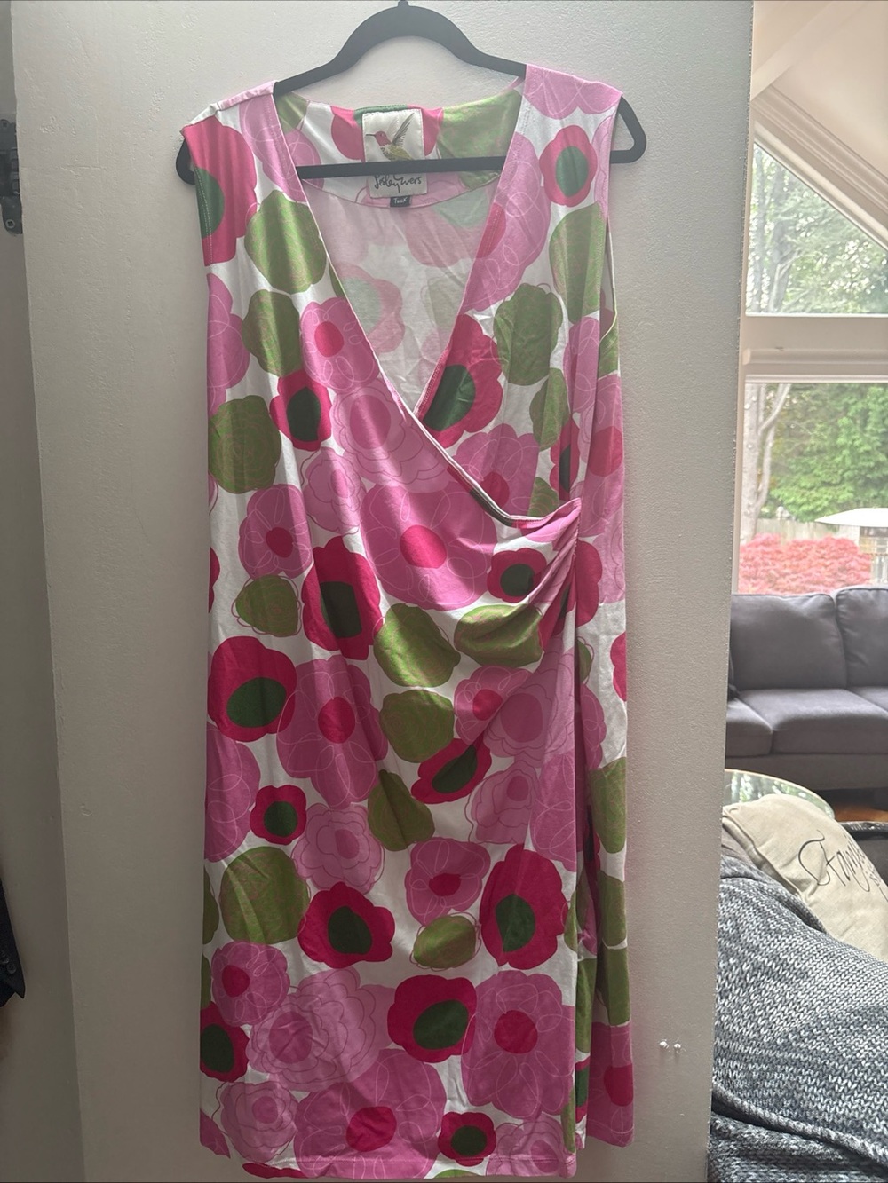 Lesley Evers Women’s Dress 2X Pink Floral Gina Faux Wrap Sleeveless Mod Retro 70